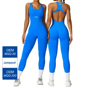 Bodysuit kebugaran wanita, pakaian olahraga satu potong dengan bantalan ketat leher U berongga belakang baju monyet Playsuit Activewear