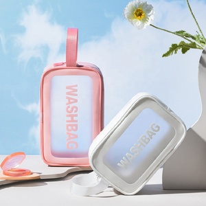 Juego de bolsas de cosméticos transparentes de PU, 3 uds., bolsa de lavado rosa, bolsa de viaje para cosméticos de almacenamiento de baño impermeable - Product Image 2