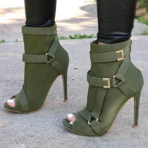Streetwear Back Zipper Buckle Strap <b>Round</b> Peep <b>Toe</b> Women Ankle Boots Solid Thin High <b>Heel</b> Short Booties for Ladies Big Size 43 - Product Image 1