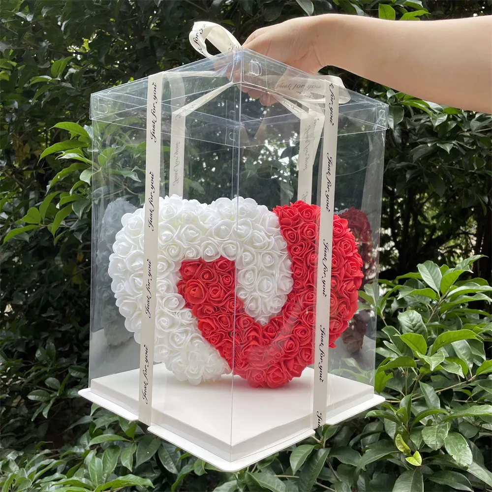 Romantic Velentine's Day Gift Box Rose Heart Eternal Flower Rose Pe Foam Double Rose Heart With Pvc Gift Box Packaging