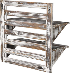 Estante de Pared de Madera de Dos Niveles para Baño con Ganchos, Estilo Rústico - Product Image 2