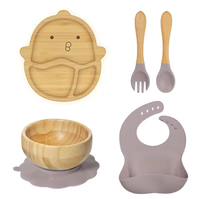 Ensemble d'alimentation pour bébé en silicone et bambou, assiette à dîner à motif animalier, bol à ventouse et bavoir, bol d'alimentation facile à nettoyer, assiette pour bébé en bambou à motif animalier