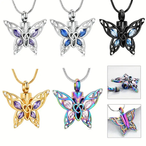 Cremação Borboleta Urna Colar Jóias para Cinzas para Mulheres Aço Inoxidável Incrustado Cristal Memorial Pingente - Product Image 1