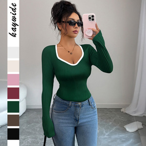 <span class=keywords><strong>T</strong></span>-shirts à manches longues pour femmes, <span class=keywords><strong>t</strong></span>-<span class=keywords><strong>shirt</strong></span> en coton <span class=keywords><strong>côtelé</strong></span> extensible, coupe ajustée pour femmes - Product Image 1