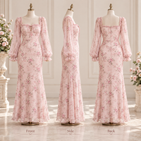 Robe longue OEM pour femme en mousseline de soie à imprimé floral, col carré, avec nœud sur le devant, manches longues bouffantes et poignets à volants, ajustée, pour occasions spéciales