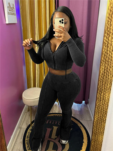 Tuta da <span class=keywords><strong>donna</strong></span> Vintage lavata 2 pezzi autunno inverno abiti Casual con Top svasato con Zip in tessuto stampato lungo corto - Product Image 3