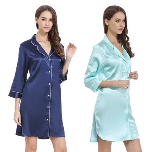 Оптовая продажа, шелковая атласная ночная рубашка с рукавом три четверти для женщин, одежда для сна