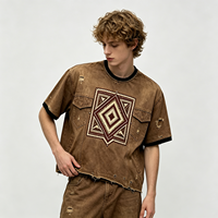 T-shirt Homme Oversize en Coton à Manches Courtes, Style Streetwear, Grammage Lourd, Lavage Vintage, Effet Usé, avec Poche à Motif Totem Géométrique