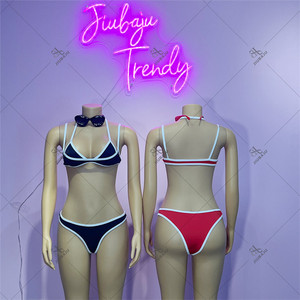 Ensemble sexy en patchwork 2 pièces pour femmes, <span class=keywords><strong>maillot</strong></span> <span class=keywords><strong>de</strong></span> <span class=keywords><strong>bain</strong></span> <span class=keywords><strong>de</strong></span> plage, bordure blanche, haut <span class=keywords><strong>de</strong></span> soutien-gorge halter + <span class=keywords><strong>culotte</strong></span>, tenue <span class=keywords><strong>de</strong></span> club basique et moulante, tenue <span class=keywords><strong>de</strong></span> vacances - Product Image 1