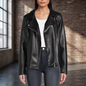 Women's Autumn/Winter Waterproof Woven PU Motorcycle <b>Jacket</b> Short <b>Blazer</b>-style with Button-Up Collar Solid Color - Product Image 3