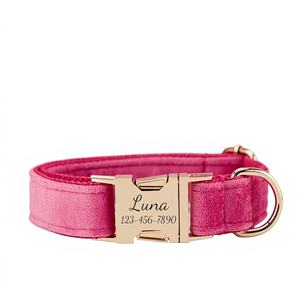 Ensemble collier et laisse pour chien en velours uni personnalisé avec nom d'animal gravé, clochette et nœud en velours pêche, livraison gratuite - Product Image 1