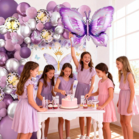 Kit d'arche de ballons en feuille d'aluminium motif papillon violet, imprimé 4 couleurs, durable, pour fête d'anniversaire d'enfants, avec ballon affiche Joyeux Anniversaire