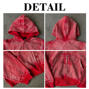 Hoodies personnalisés avec logo du fabricant, style vintage délavé à l'acide, zippés, courts, vierges, avec strass, effet usé, en molleton épais French Terry - Product Image 6