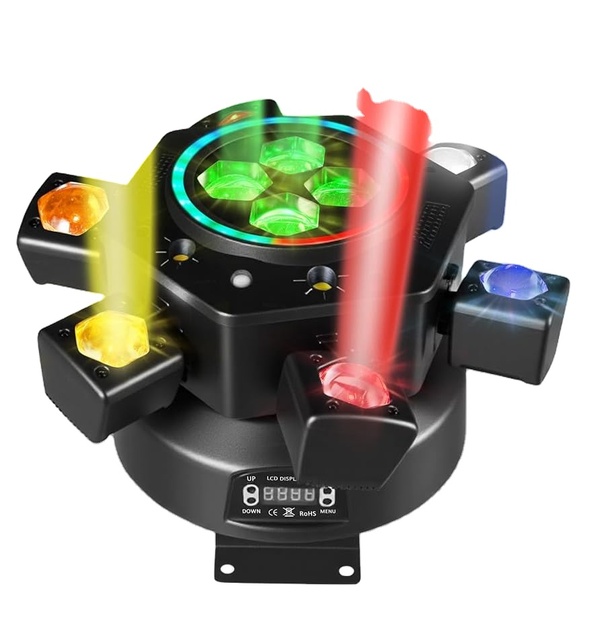 6 Arm Moving Head DJ Lights RGBW LED Stage Lighting with Strobe Bee-Eye Effect for Party Clubs Disco