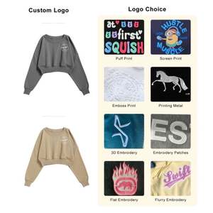 Venta al por mayor en blanco azul logotipo personalizado Vintage polar algodón serigrafía manga larga pulóver gimnasio sudadera Crop mujeres - Product Image 2