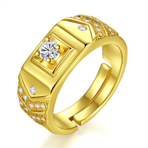 男性のための豪華なフルジルコンオープンリングスパークリングゴールドインデックスフィンガーバンド男性ジルコン調節可能なリング花婿のための結婚指輪 - Product Image 1