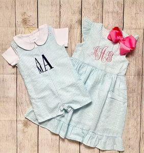 ร้อน<span class=keywords><strong>ขาย</strong></span>พี่น้องจับคู่seersuckerกลับไปที่โรงเรียนสาว<span class=keywords><strong>น้อย</strong></span>สั่นแขนนัวเนียชุดเด็กวัยหัดเดินเด็กjon jon romper - Product Image 1