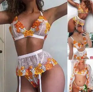 Conjunto de lingerie de renda bordada, 3 peças, sutiã com fio dental, roupa íntima, sensual