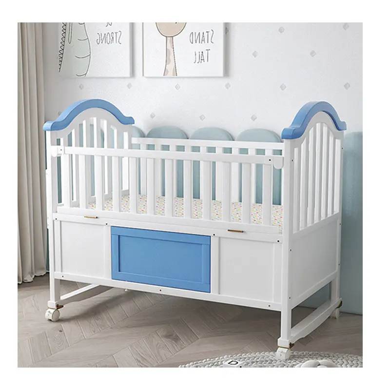 Em estoque 4 em 1 design organizador de madeira dobrável azul crianças camas de bebê berços berço cama de bebê e guarda-roupa