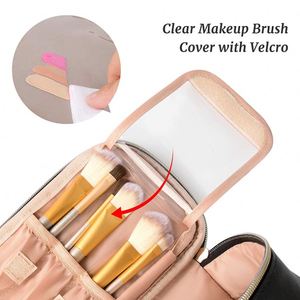 Grande trousse de maquillage portable en cuir PU vegan, résistante à l'eau, pliable, avec fermeture éclair, organiseur de pinceaux, sac de voyage cosmétique pour femmes - Product Image 5