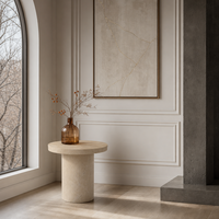 Table basse ronde contemporaine moderne en travertin naturel, bord poli, base cylindrique en pierre, taille personnalisée
