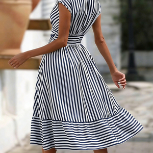 Женское летнее повседневное хлопковое платье макси в полоску без рукавов на бретельках с оборками в стиле бохо - Product Image 5