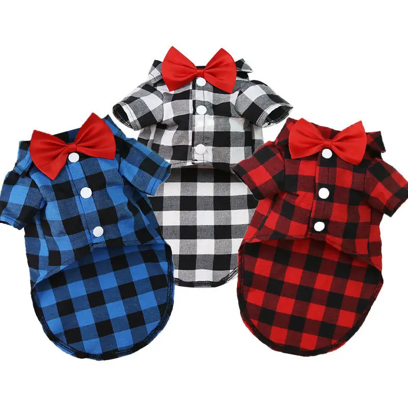 Hot Sale Pet Summer Autumn Clothes Cute Soft Plaid Shirt With Bow Tie Fashion Small Medium Large Dogs Pet Clothes