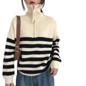 Cardigan en tricot rayé zippé pour femme, taille unique, coupe ample, col montant, style japonais et coréen, printemps automne 2026 - Product Image 5