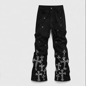 Sokak üreticisi Vintage yıkanmış sıkıntılı Baggy erkek Y2k kot özel çapraz grafik taklidi baskı geniş bacak Denim pantolon - Product Image 1