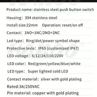 Bouton-poussoir momentané en acier inoxydable avec éclairage LED IP67 de 22 mm, 12V/24V 3A/250V, démarrage/arrêt, étanche