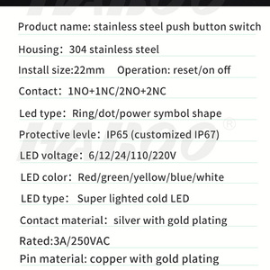22mm IP67 LED Illuminated Momentary Latching Metal Stainless Steel Push Button <strong>Switch</strong> 12V/24V 3A/250V Start Stop Waterproof - Product Image 5