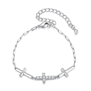 Rhodium Plated <b>Cross</b> Chain <b>Bracelet</b> With Zircon Inlay Religious Unisex Jewelry Gift - Product Image 1