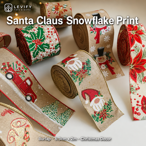 Cinta de Lino con Alambre Personalizada con Estampado de Papá Noel y Copos de Nieve, Cinta Elegante con Alambre para Árbol de Navidad - Product Image 2