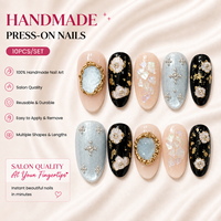 Faux Ongles de Luxe Personnalisés en 3D avec Motifs Floraux, Courts, Ovales, 10 Pièces, Ongles Acryliques Faits Main de Qualité Supérieure à Coller, Vente en Gros ODM