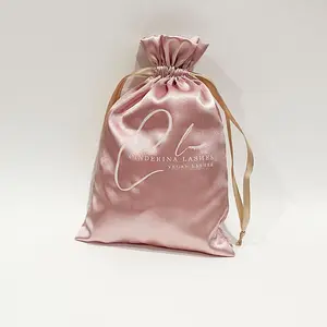 Custom Printed Logo Colorful Rose Gold Drawstring Satin Silk Gift Packing Bag Pouch