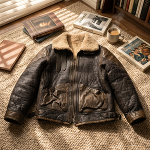 <b>Men</b> Vintage Genuine Leather <b>Sherpa</b> Lined Bomber <b>Jacket</b> Windproof Winter Outerwear Motorcycle Pattern - Product Image 4