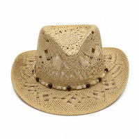 Chapeau de soleil d'été ajouré en paille à large bord avec bande de perles coquillages et sangle de menton pour la plage, le camping et les voyages, vente en gros