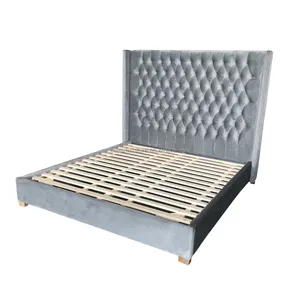 Classic French Style Silver Grey Velvet Upholstered Modern Tufted King Size Bed Frame
