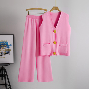 Conjunto informal de moda de verano para mujer CH, chaleco de punto transpirable con botones y pantalones de pierna ancha lisos, patrón sólido, combinación perfecta - Product Image 3