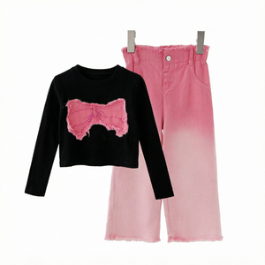 Ensemble de vêtements pour filles, t-shirt court à manches longues et short en jean, tenue décontractée de style coréen pour tous les jours - Product Image 1