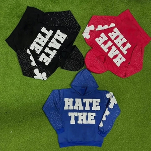 Sudadera con Capucha de Corte Cuadrado para Hombre, con Pedrería, Estilo Desteñido, Letras Bordadas en Felpa Francesa, Logotipo Personalizado - Product Image 1