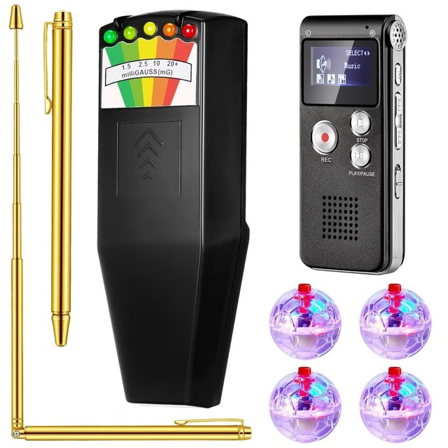 8 Pcs Dowsing Hunting Equipment Kit With 1 Emf Reader Meter Digital 1 Voice Recorder 2 Pcs Copper Dowsing Rod 4 LED Ball