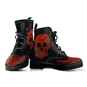 红色骷髅设计休闲皮靴新款男靴高品质皮靴防水皮革材料