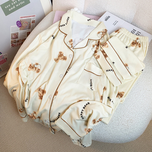 <span class=keywords><strong>Pigiama</strong></span> da Donna in Seta di Latte con Stampa Orso Premium, Maniche Lunghe e Pantaloni, Indossabile Anche Fuori Casa, Primavera e Autunno - Product Image 3