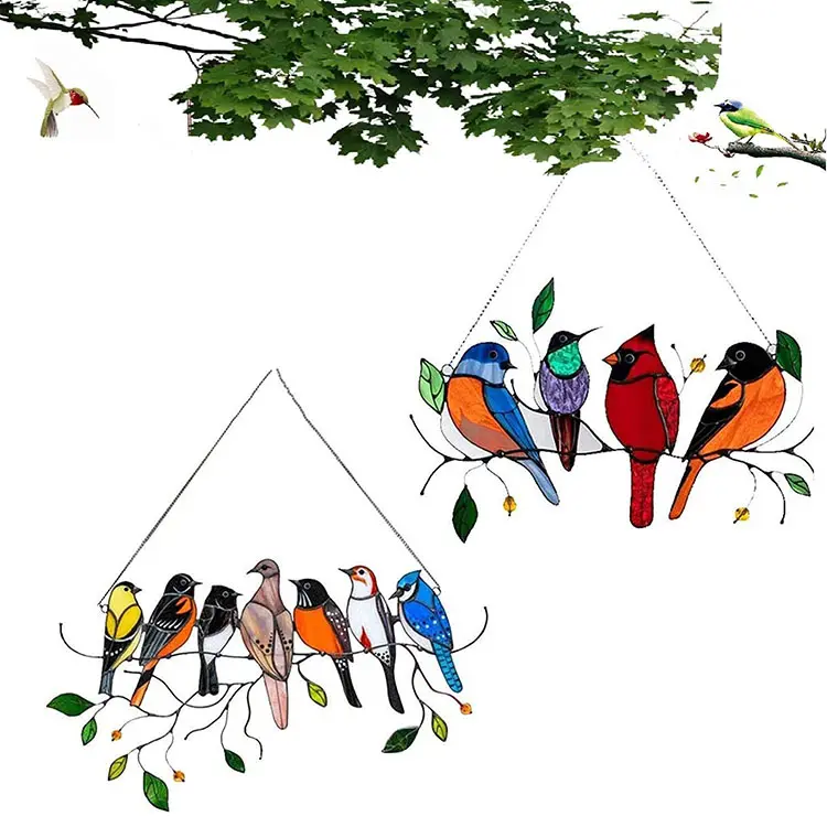Panel de cristal de alta vitral para decoración del Día de la madre, adornos de la serie de aves, colgante, pájaros multicolor, gran oferta