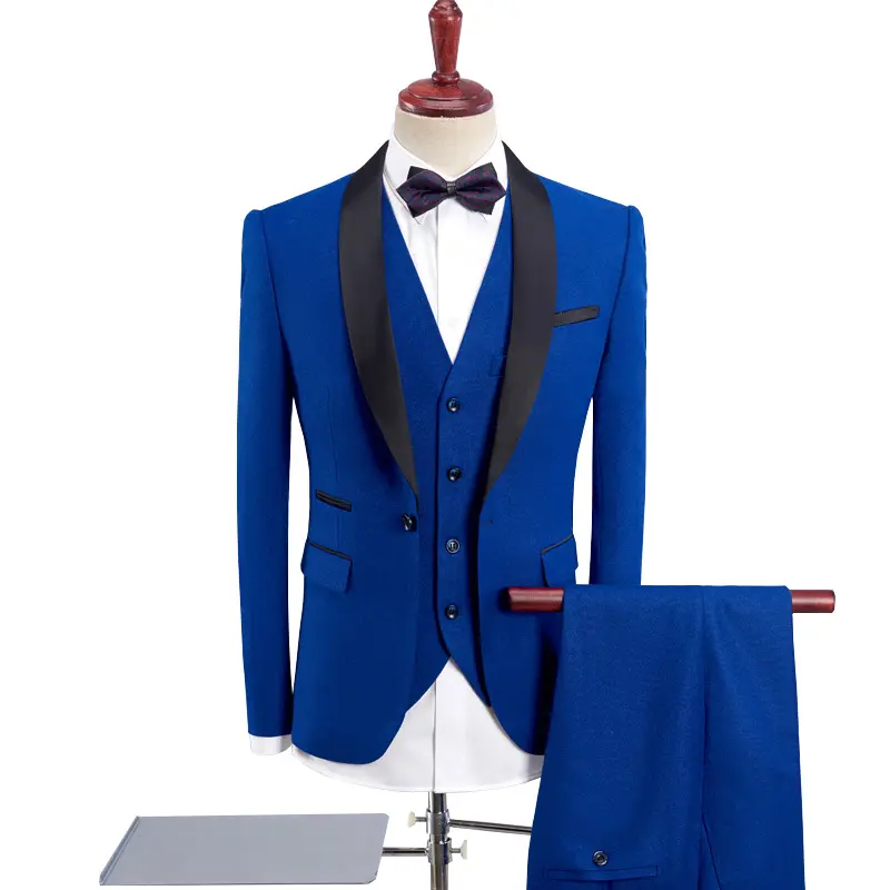 British Man Wedding Groom Suit With Bowtie 3 Piece Vest Suits Set Blue For Adults Men Wedding Tuxedo