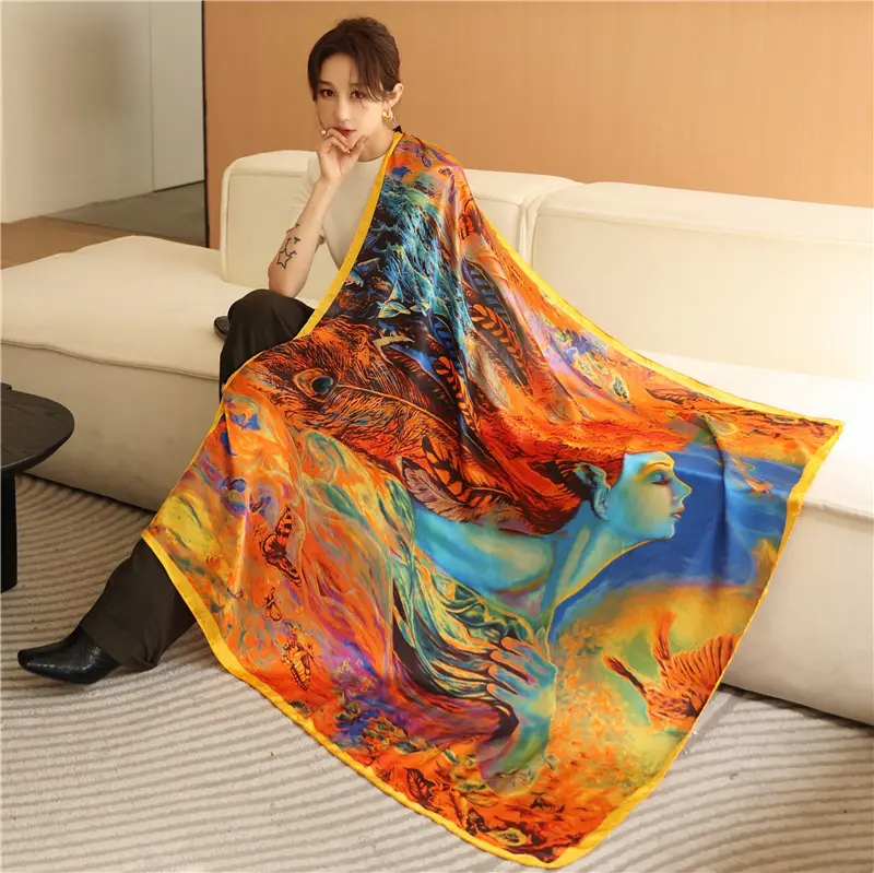 Early spring new fashion Indian color oil painting ladies 110cm large square shawl picture frame