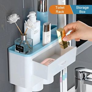 Porte-brosse à dents magnétique avec presse-dentifrice avec tasses pour 2/3 personnes dans la salle de bain Support de rangement sans clou - Product Image 4