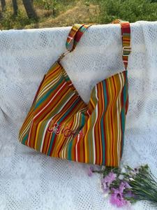 Grand sac fourre-tout à bandoulière en toile de coton rayée, sac de shopping grande capacité, sac à main portable tendance et élégant pour femmes - Product Image 4