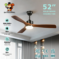 Ventilateur de plafond en bois massif de 52 pouces avec éclairage, 3 températures de couleur, télécommande, silencieux, moteur DC réversible, OEM ODM personnalisé, vente en gros usine